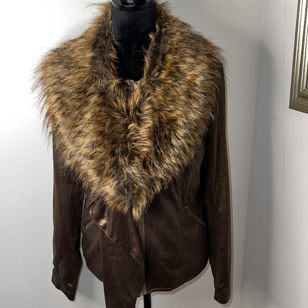 Bagatelle faux leather copper moto‎ jacket detachable faux fur Sz M